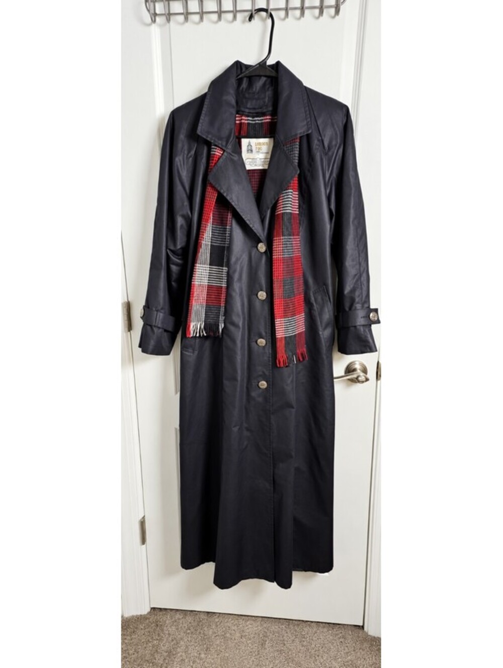 Vintage London Fog Maincoats Trench Coat Black Plaid Lined Belted Made USA